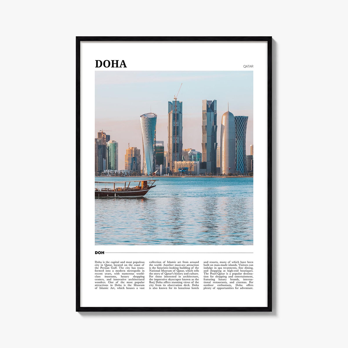 Doha colorful travel poster of Qatar – vertical wall art, unframed print shown in interior mockup