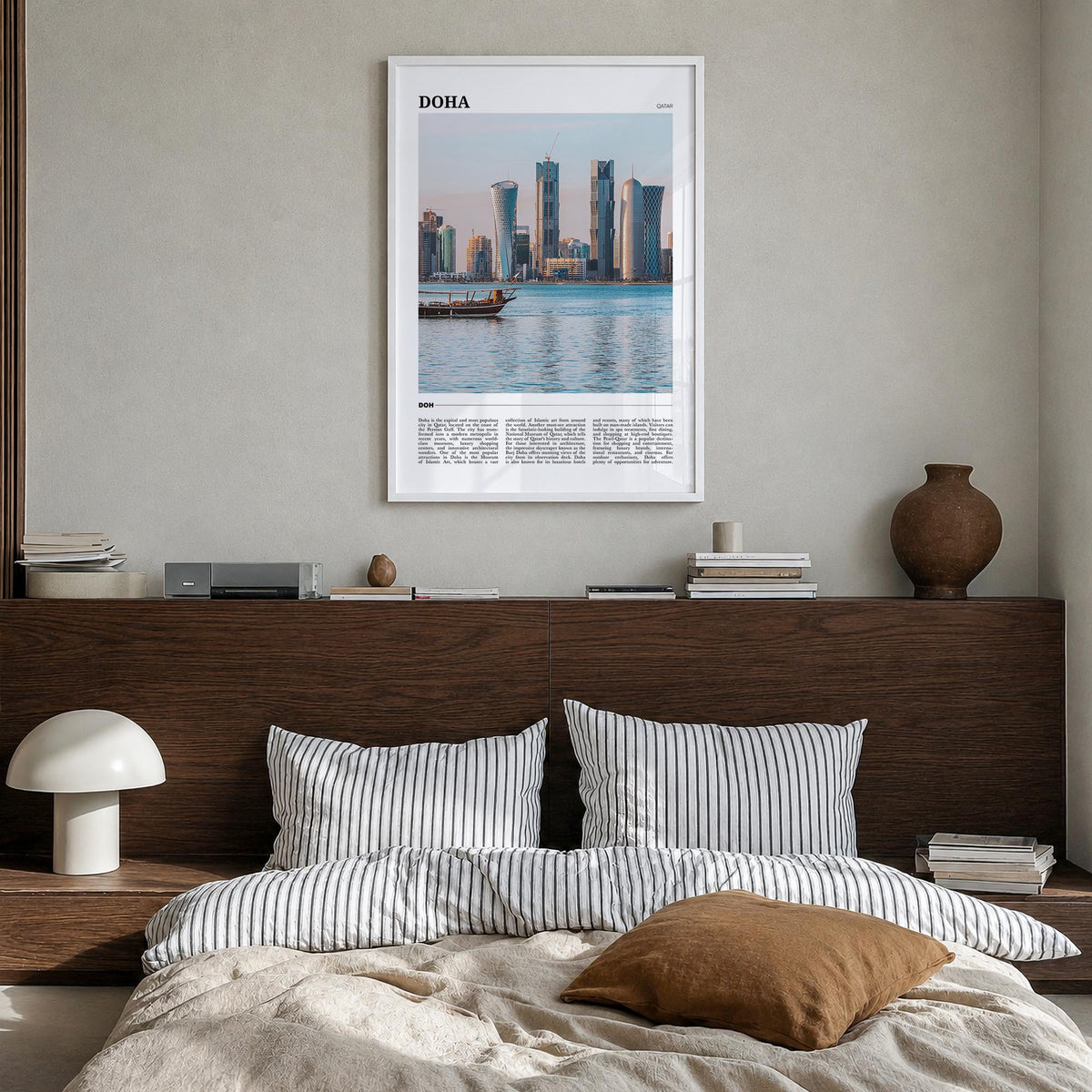 Doha colorful travel poster of Qatar – vertical wall art in white wood frame, hanging on wall