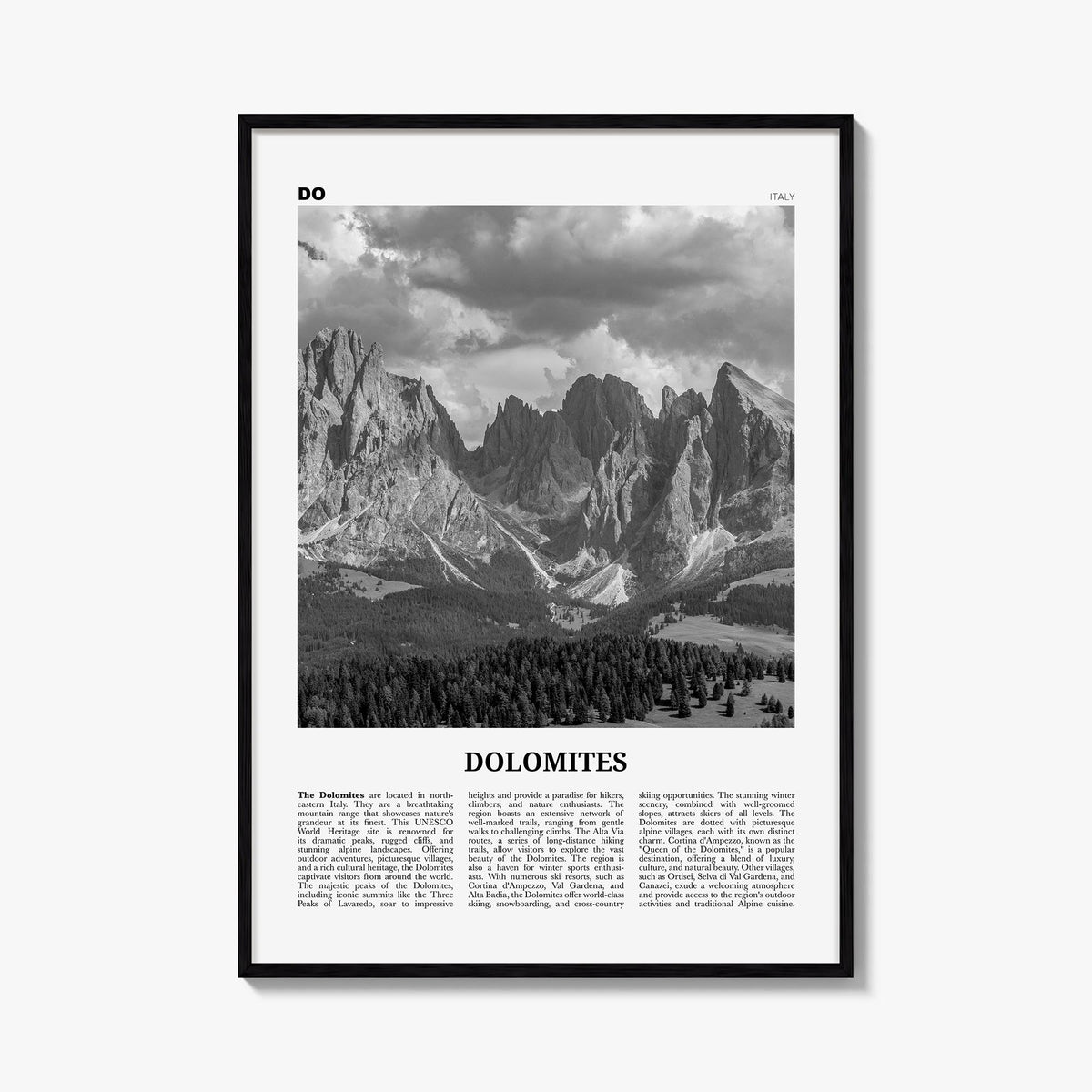 Dolomites black & white newspaper poster of Italy – vertical wall art, unframed print shown in interior mockup