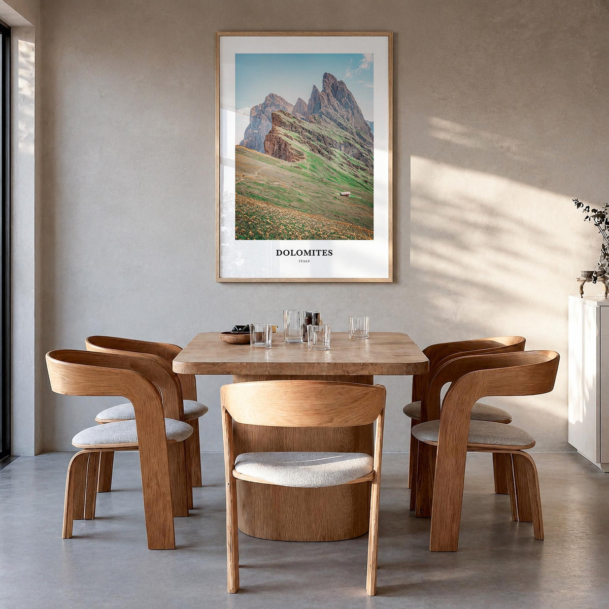 Dolomites colorful classic poster of Italy – vertical wall art in natural wood frame, hanging on wall