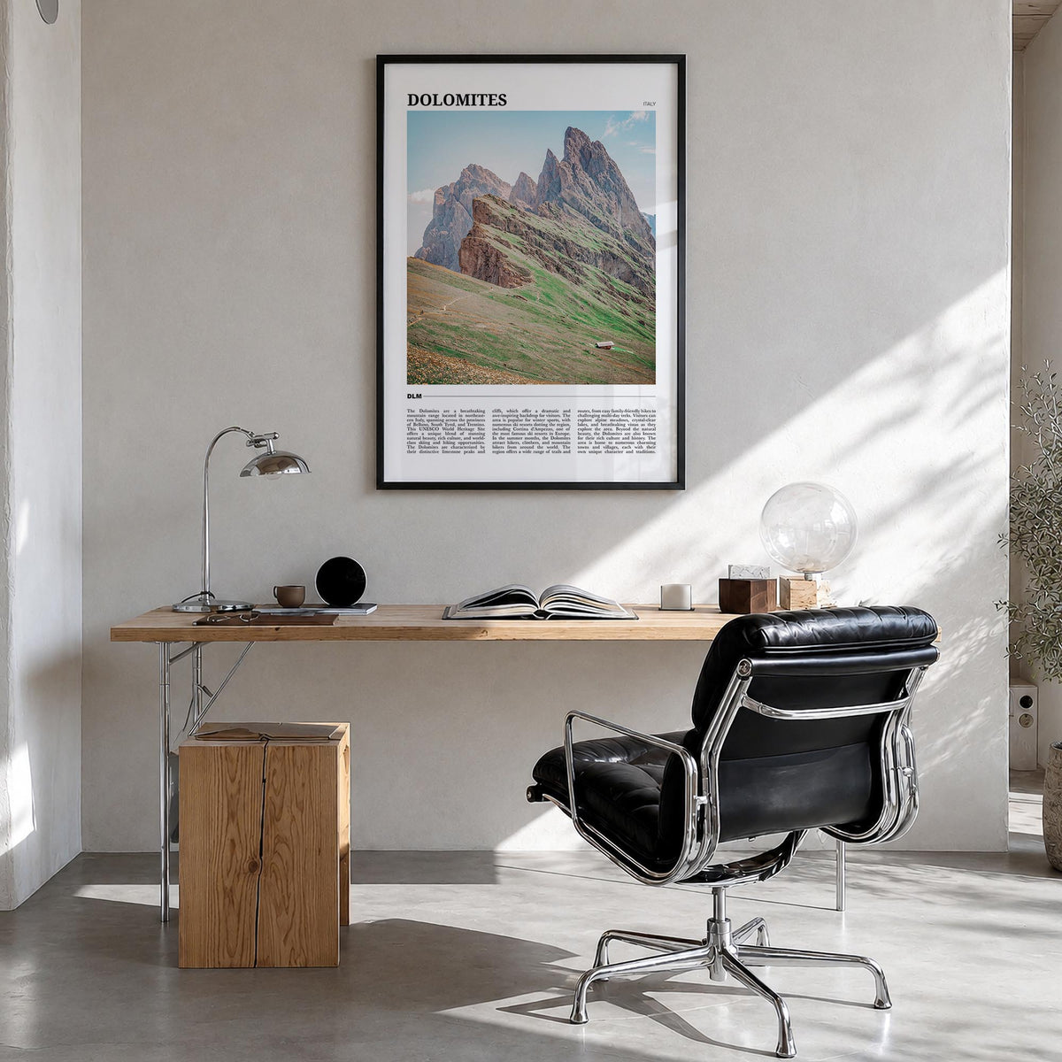 Dolomites colorful travel poster of Italy – vertical wall art in black wood frame, hanging on wall