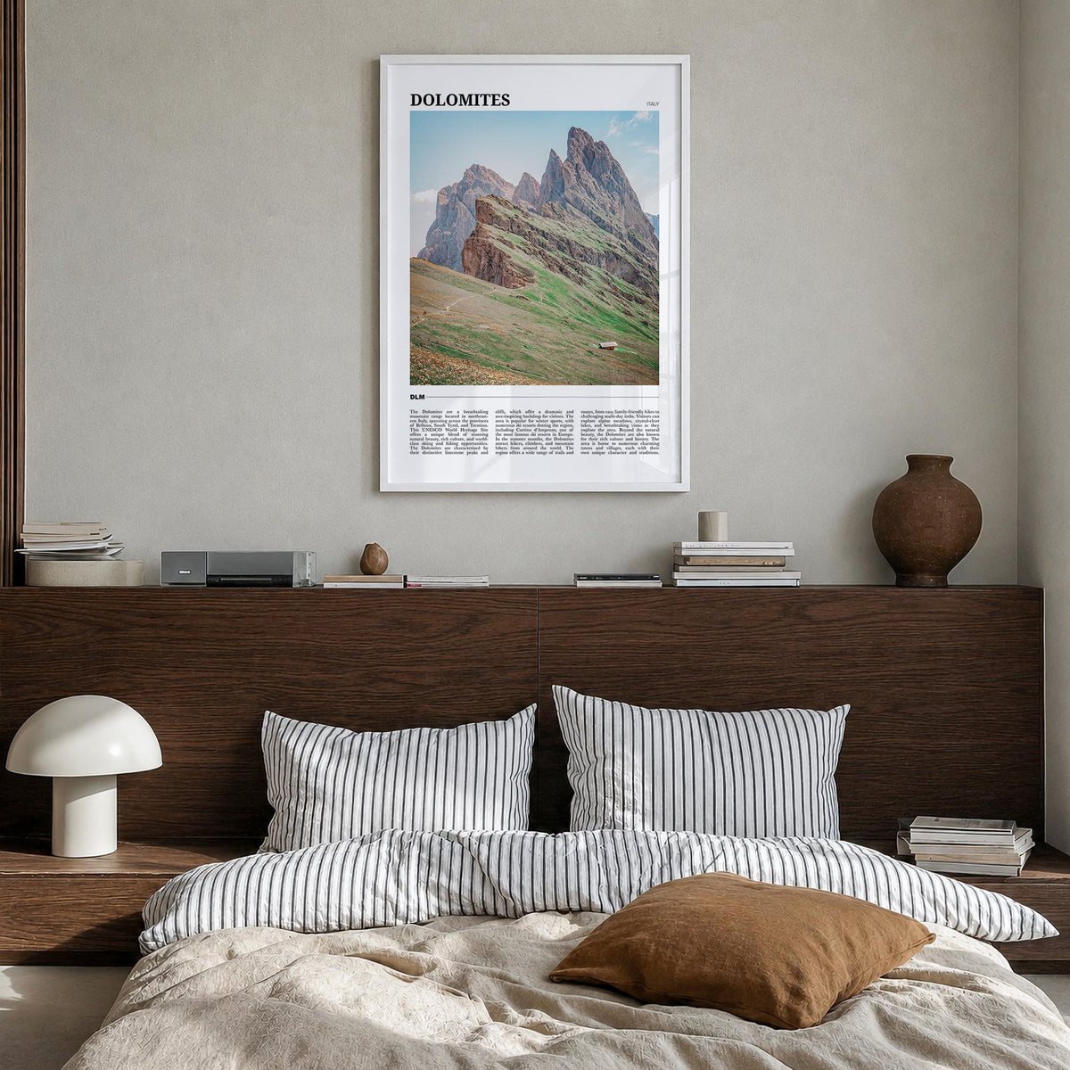 Dolomites colorful travel poster of Italy – vertical wall art in white wood frame, hanging on wall
