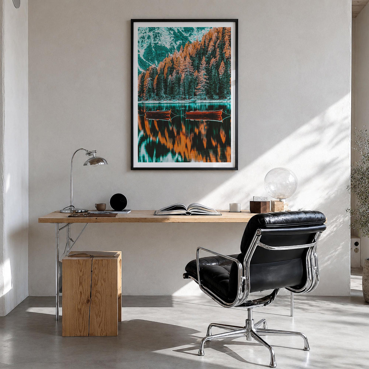 Dolomites no. 1 colorful photo poster of Italy – vertical wall art in black wood frame with white border, hanging on wall