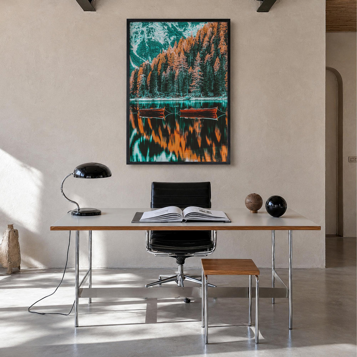 Dolomites no. 1 colorful photo poster of Italy – vertical wall art in black wood frame, hanging on wall