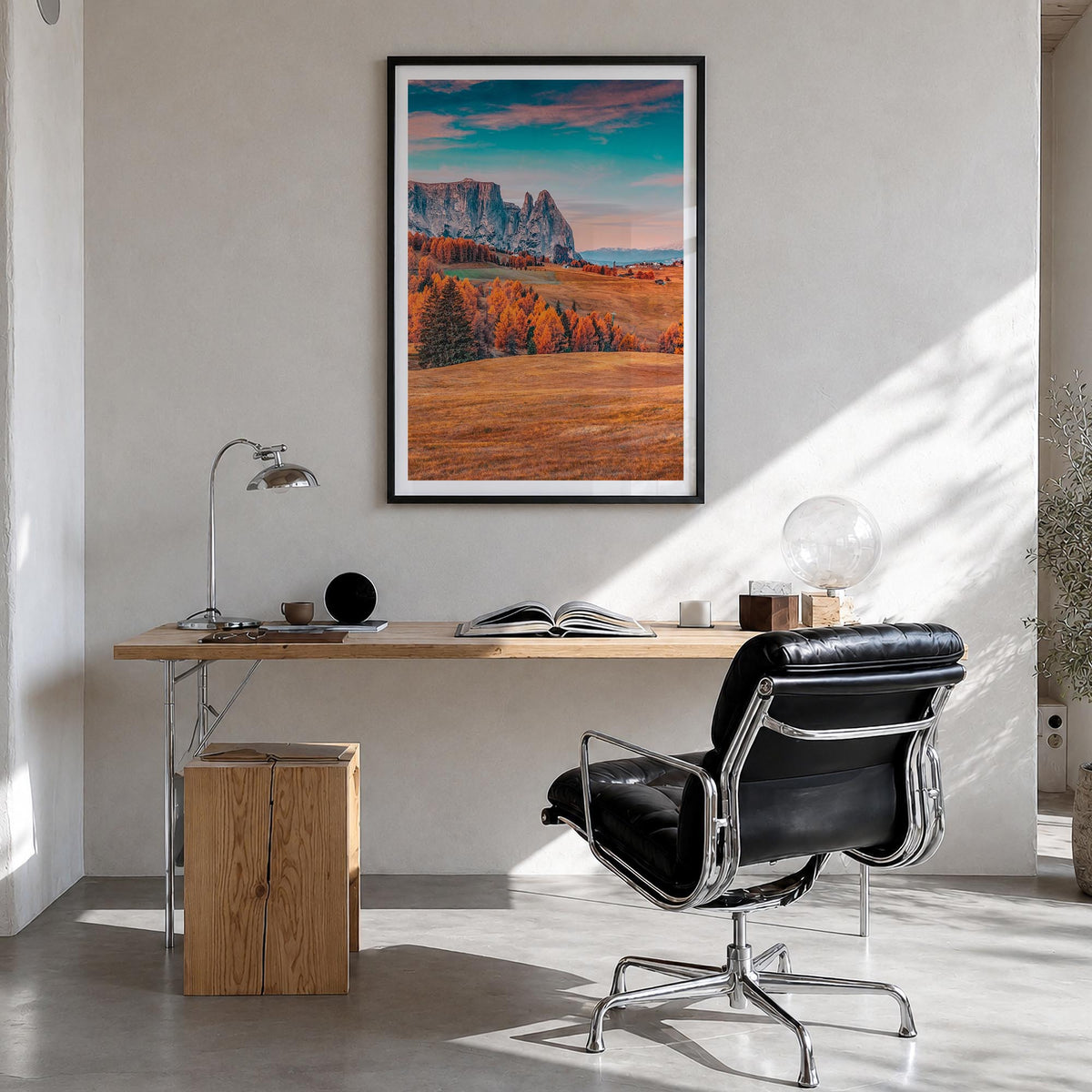 Dolomites no. 2 colorful photo poster of Italy – vertical wall art in black wood frame with white border, hanging on wall