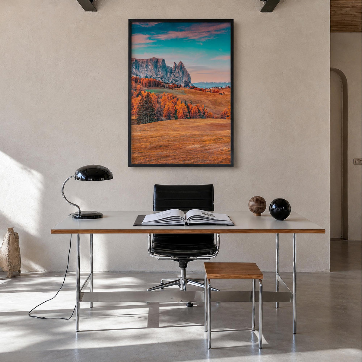 Dolomites no. 2 colorful photo poster of Italy – vertical wall art in black wood frame, hanging on wall
