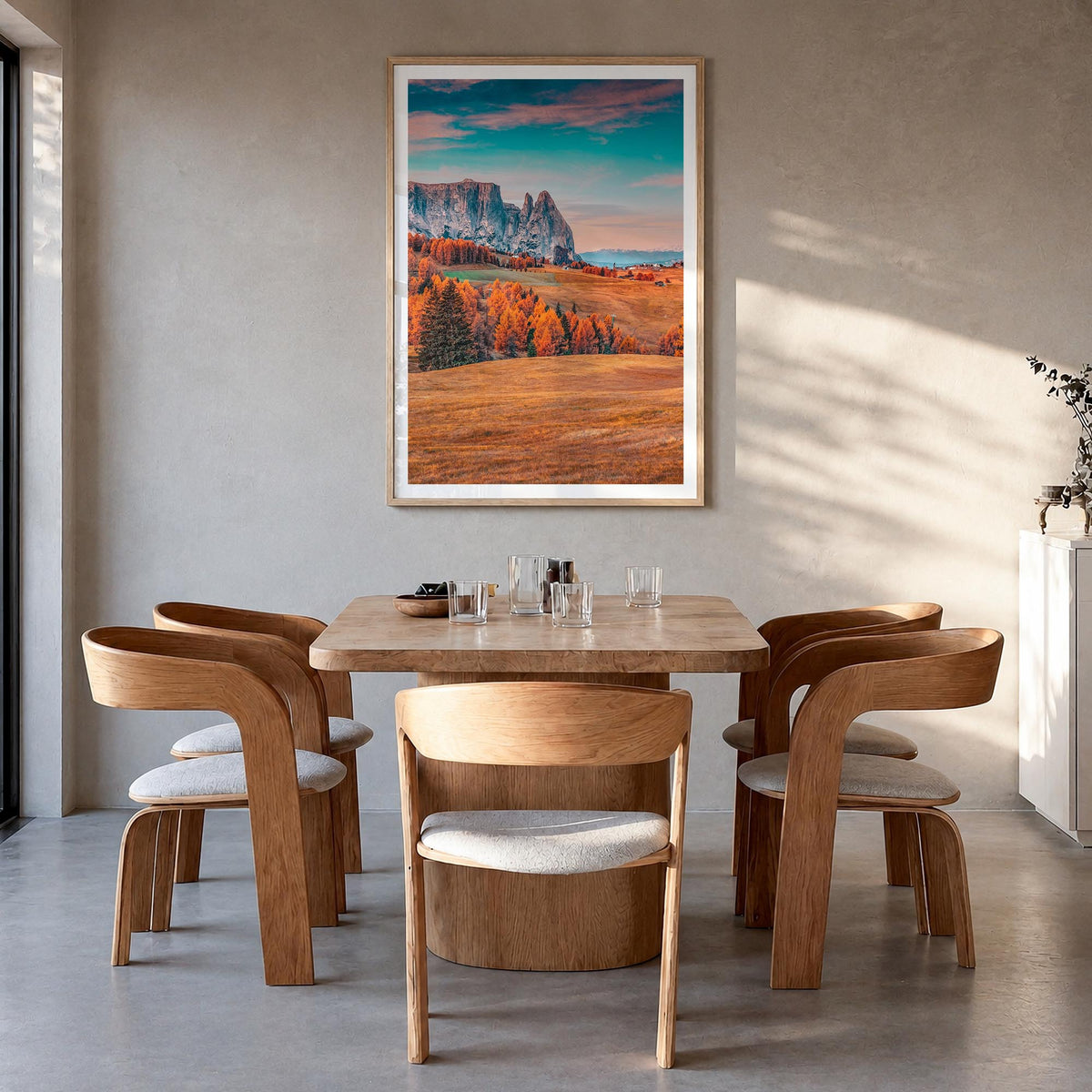 Dolomites no. 2 colorful photo poster of Italy – vertical wall art in natural wood frame with white border, hanging on wall