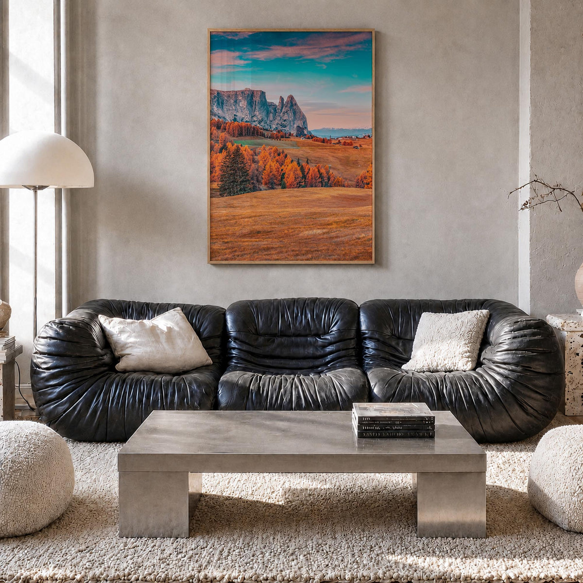 Dolomites no. 2 colorful photo poster of Italy – vertical wall art in natural wood frame, hanging on wall