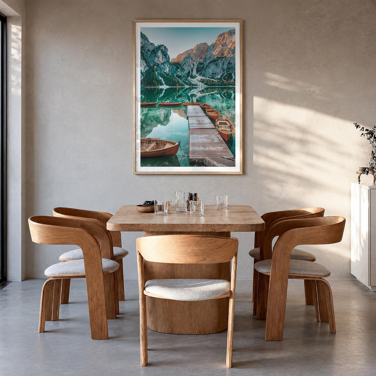 Dolomites no. 3 colorful photo poster of Italy – vertical wall art in natural wood frame with white border, hanging on wall