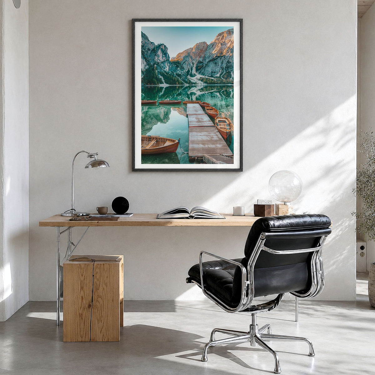 Dolomites Photo No 2 Poster in a black wood frame, hanging in a bright home office, white border