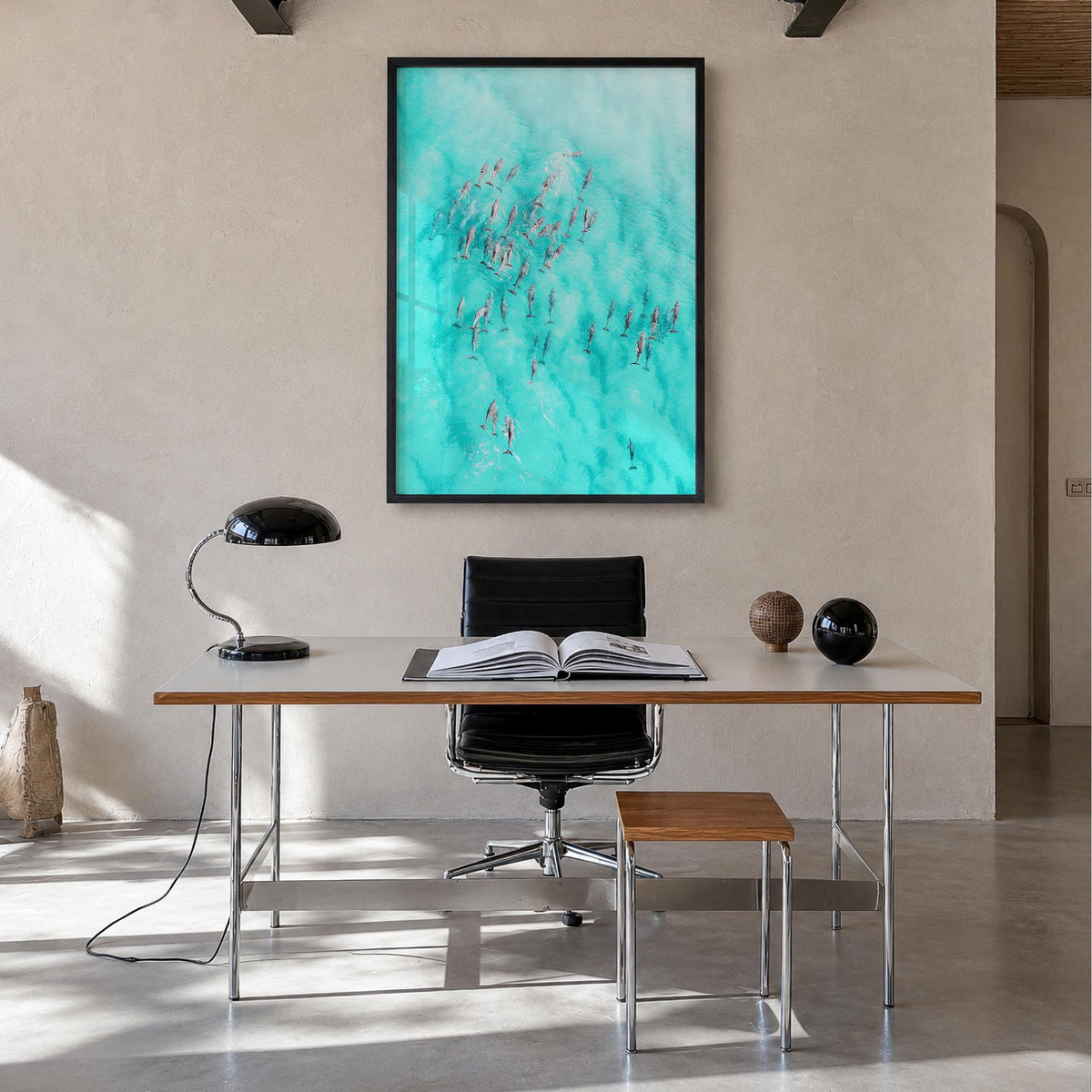 Dolphin Swimming colorful photo poster – vertical wall art in black wood frame, hanging on wall