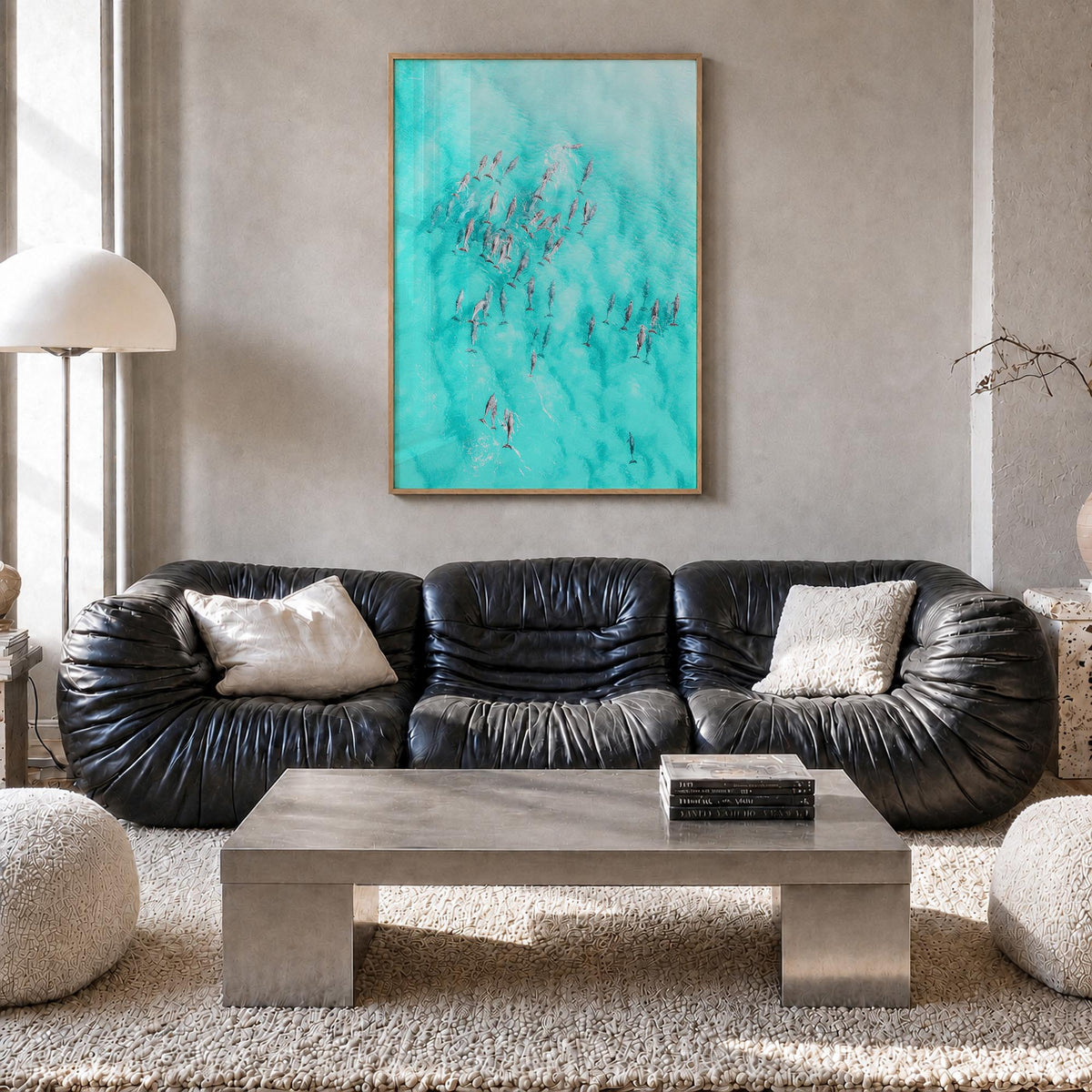 Dolphin Swimming colorful photo poster – vertical wall art in natural wood frame, hanging on wall