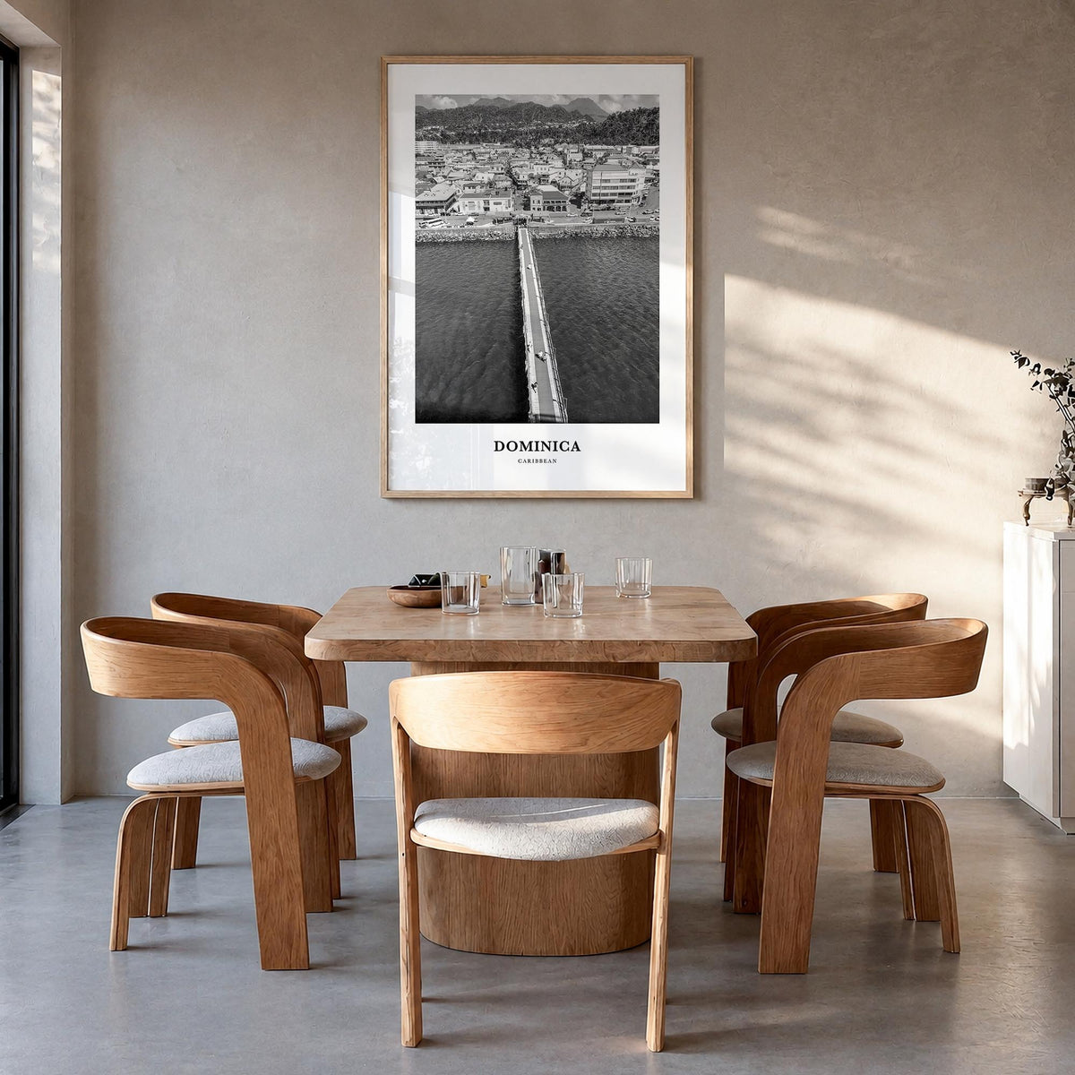 Dominica black & white classic poster of Caribbean – vertical wall art in natural wood frame, hanging on wall