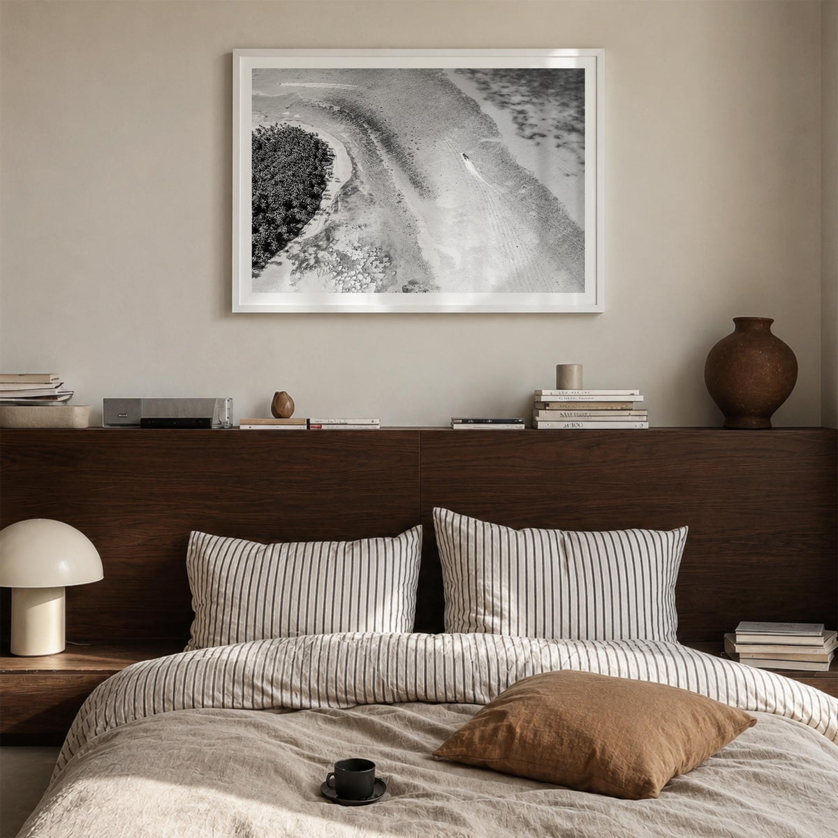 Dominican Republic black & white photo poster of Caribbean – horizontal wall art in white wood frame with white border, hangi