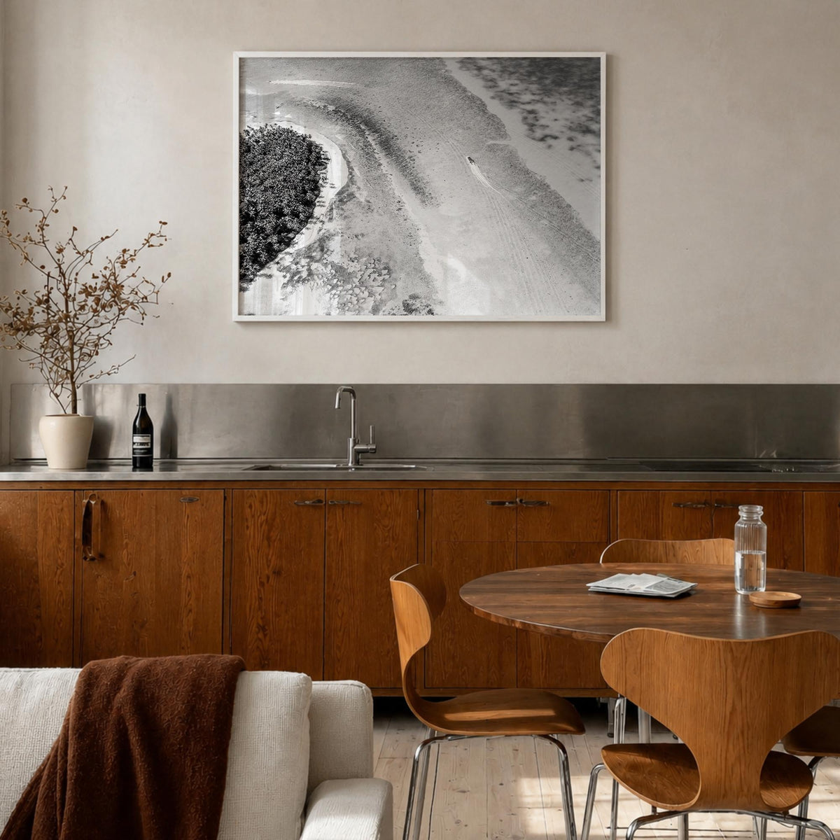 Dominican Republic black & white photo poster of Caribbean – horizontal wall art in white wood frame, hanging on wall