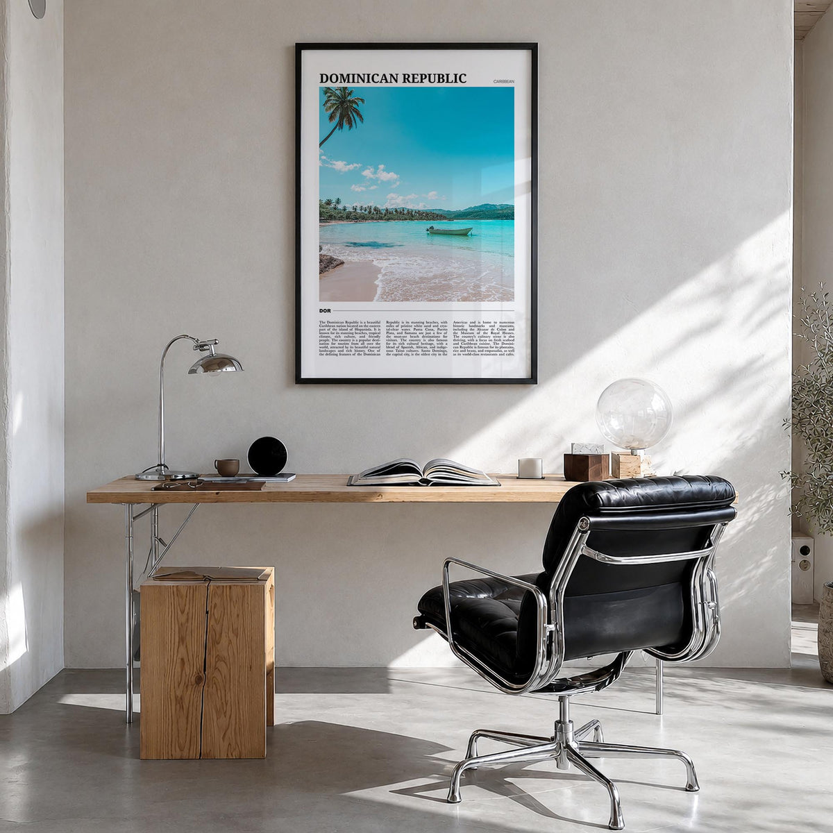 Dominican Republic colorful travel poster of Caribbean – vertical wall art in black wood frame, hanging on wall