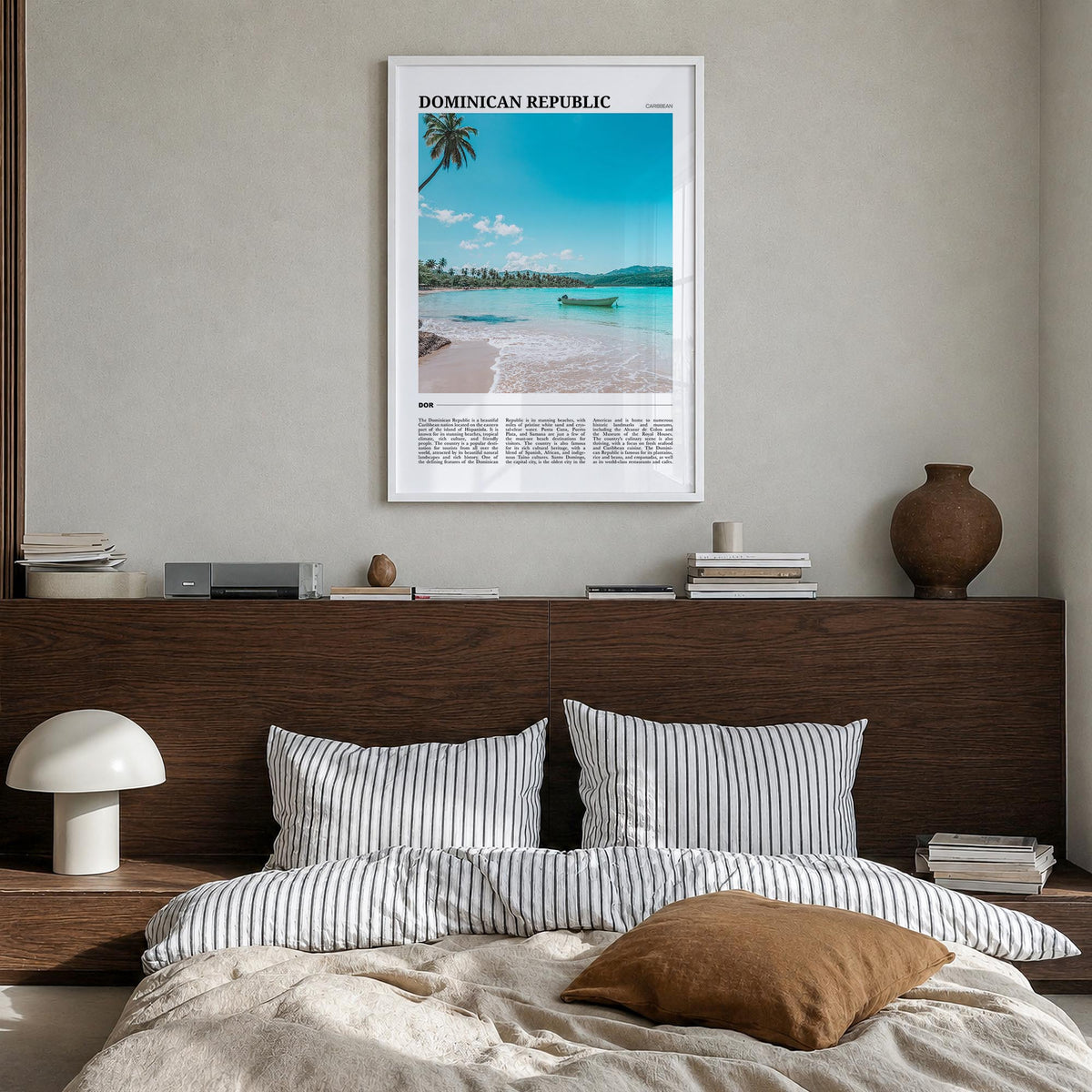 Dominican Republic colorful travel poster of Caribbean – vertical wall art in white wood frame, hanging on wall