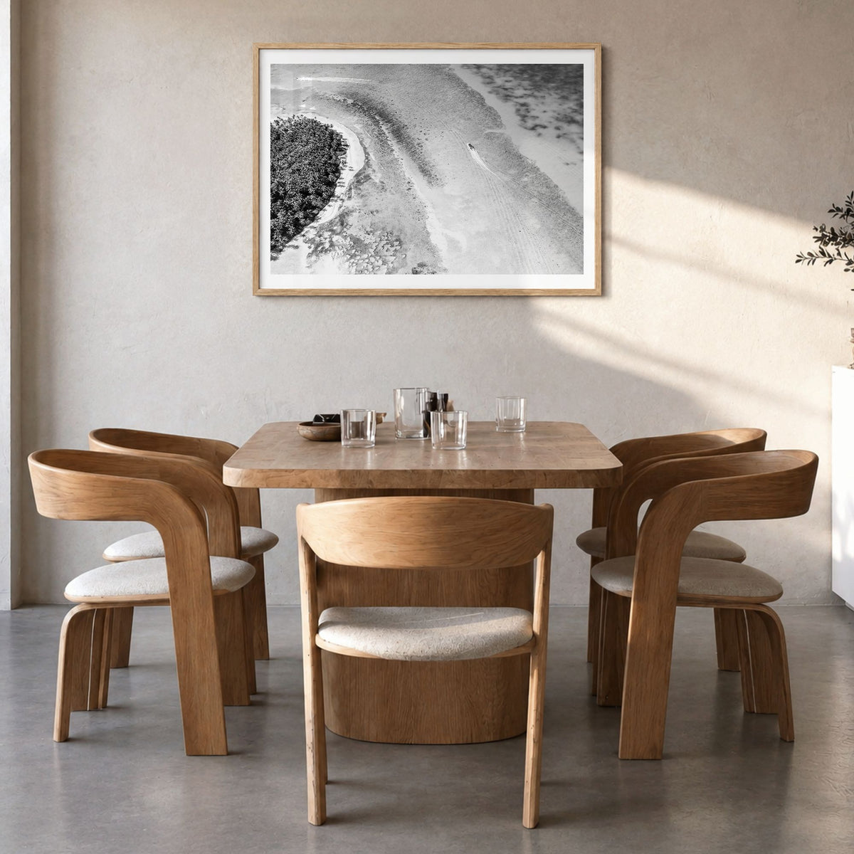 Dominican Republic Photo Poster in a natural wood frame, hanging in a dining room, white border