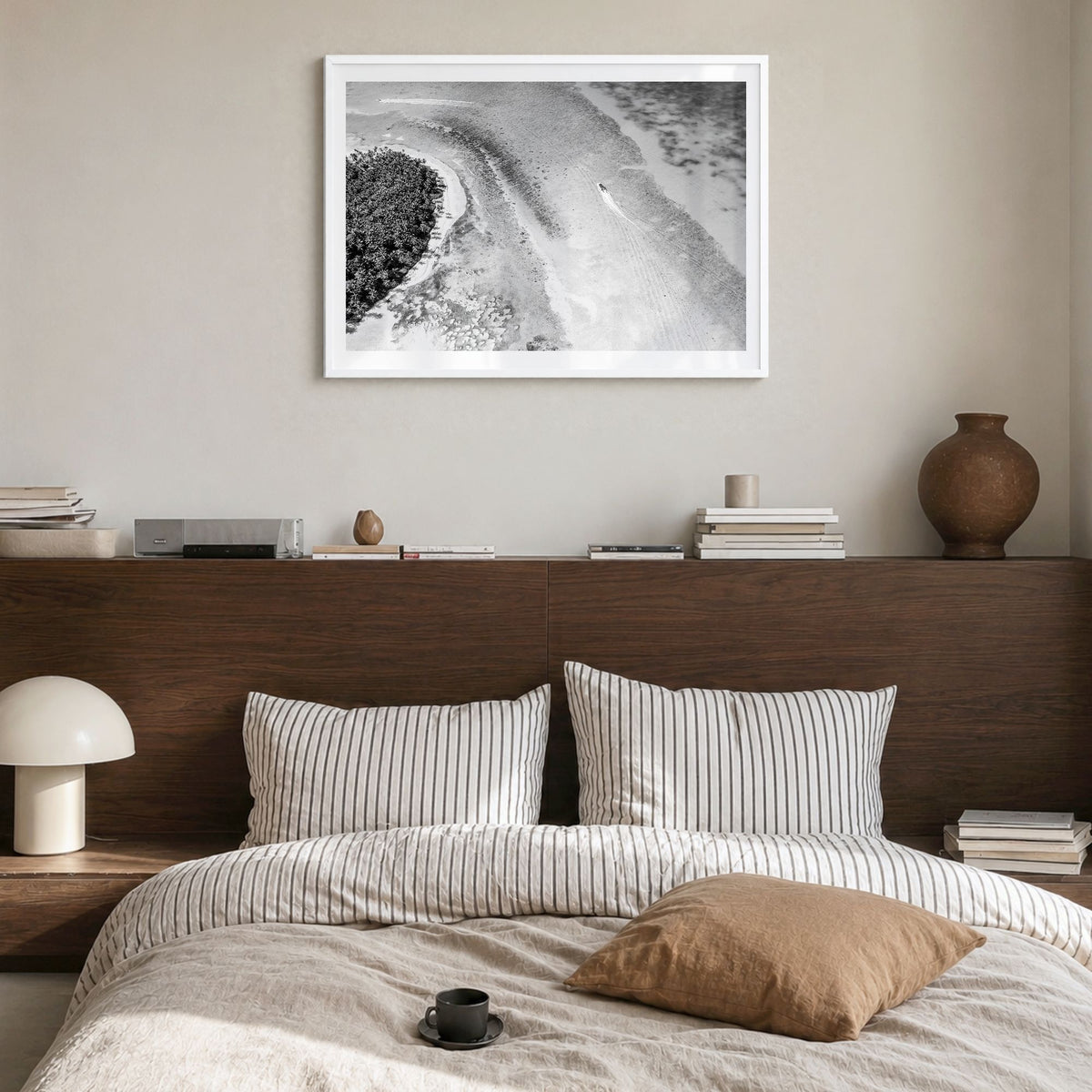 Dominican Republic Photo Poster in a white wood frame, hanging in a bedroom, white border