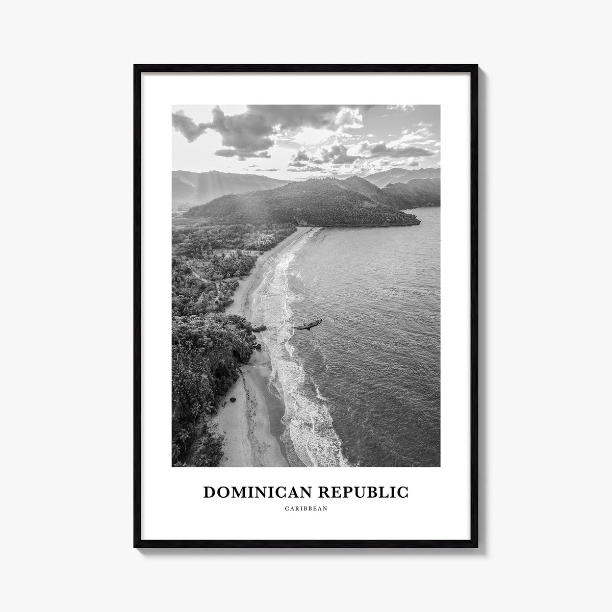 Dominican Republic no. 2 black & white classic poster of Caribbean – vertical wall art, unframed print shown in interior mock