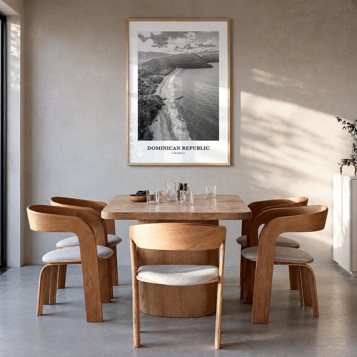 Dominican Republic no. 2 black & white classic poster of Caribbean – vertical wall art in natural wood frame, hanging on wall