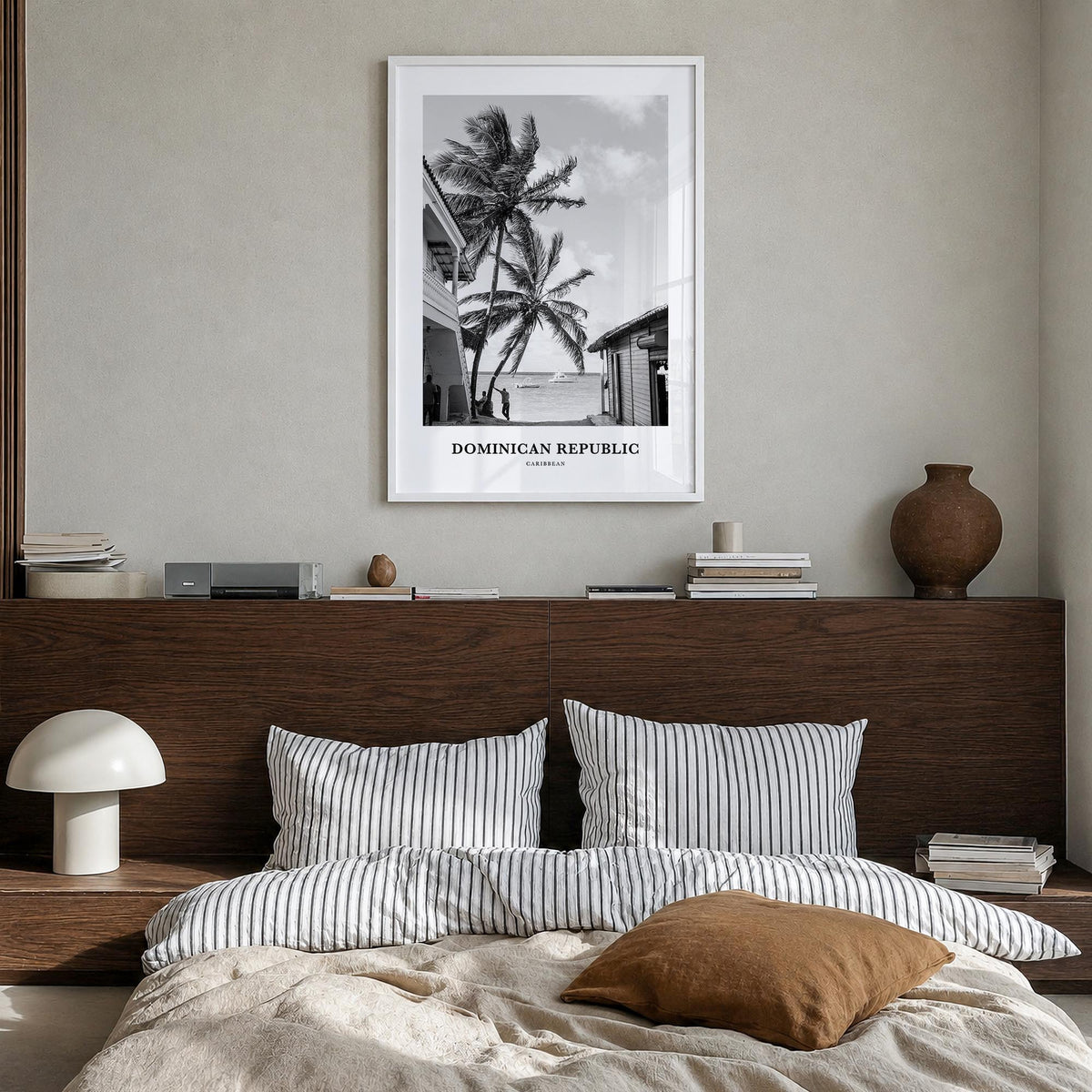 Dominican Republic no. 3 black & white classic poster of Caribbean – vertical wall art in white wood frame, hanging on wall