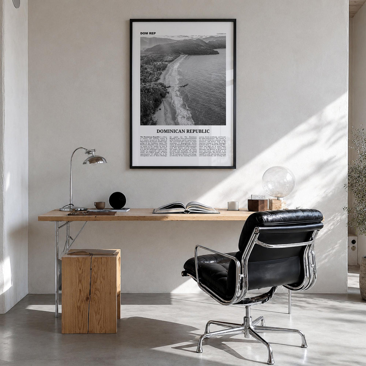 Dominican Republic no. 3 black & white newspaper poster of Caribbean – vertical wall art in black wood frame, hanging on wall