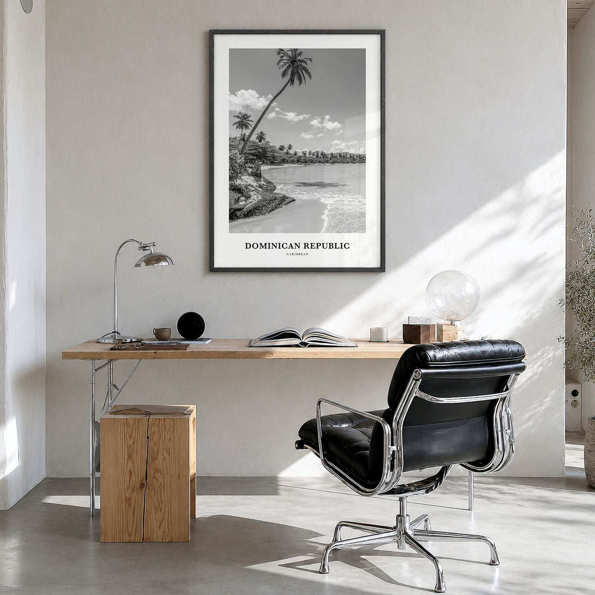 Dominican Republic Classic No 1 Poster in a black wood frame, hanging in a bright home office