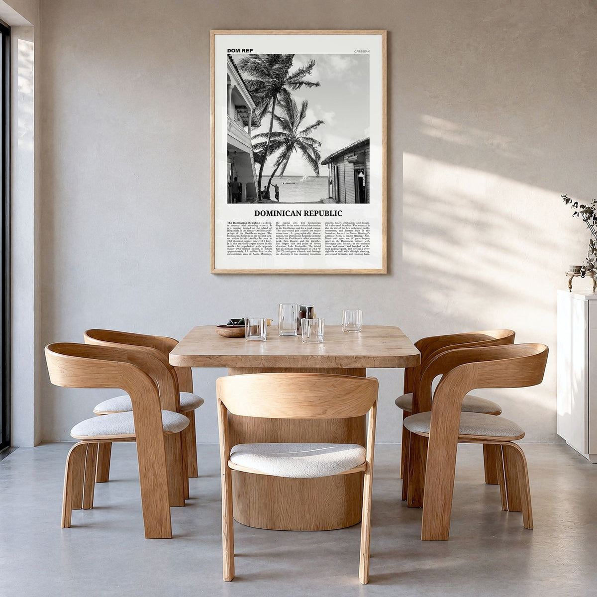 Dominican Republic Newspaper No 1 Poster in a natural wood frame, hanging in a dining room