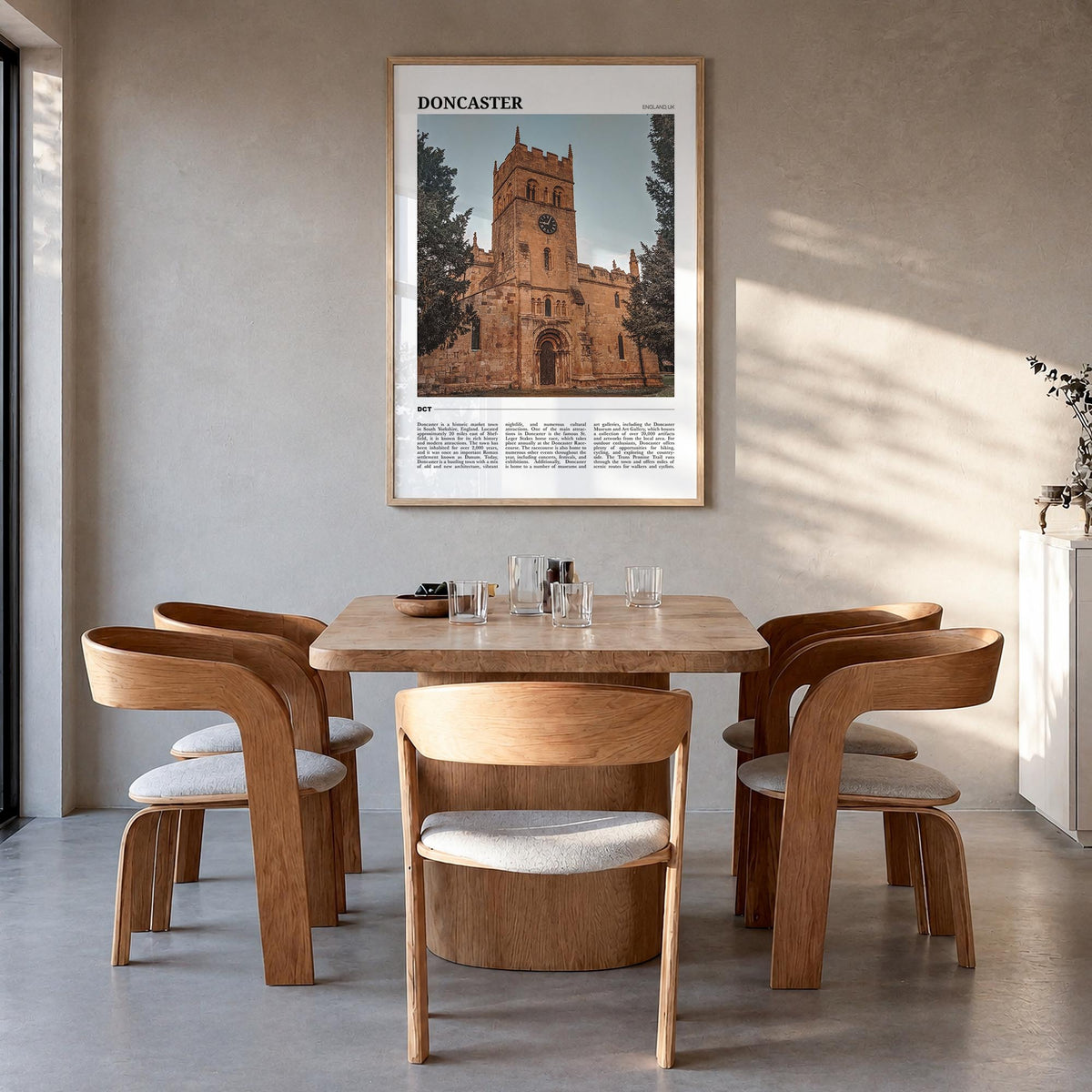 Doncaster colorful travel poster of United Kingdom – vertical wall art in natural wood frame, hanging on wall