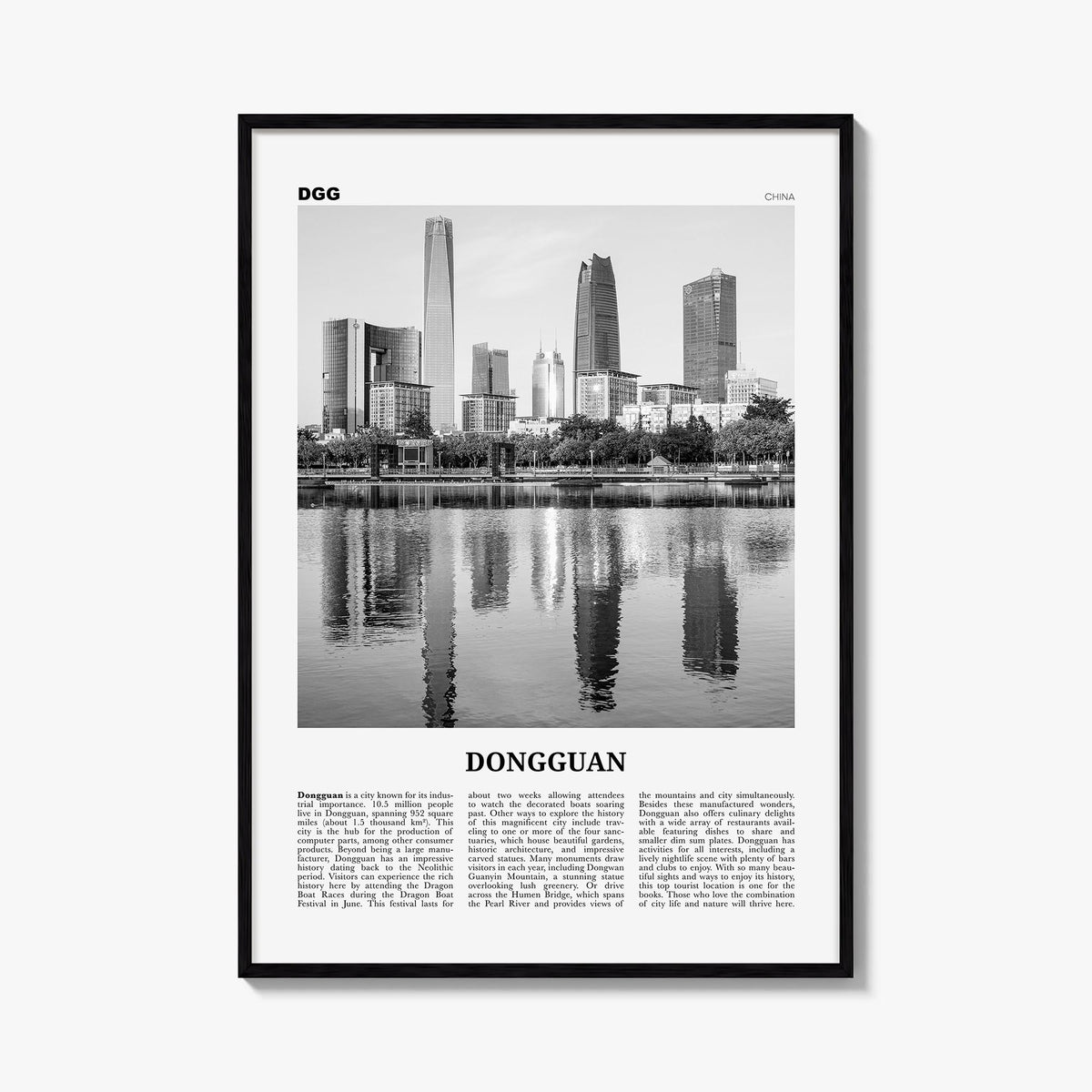 Dongguan black & white newspaper poster of China – vertical wall art, unframed print shown in interior mockup