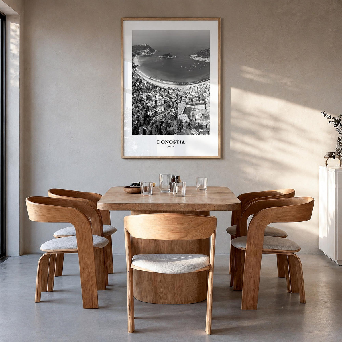 San Sebastián no. 1 black & white classic poster of Spain – vertical wall art in natural wood frame, hanging on wall