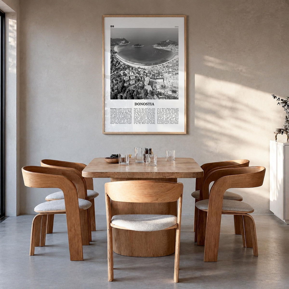 San Sebastián no. 1 black & white newspaper poster of Spain – vertical wall art in natural wood frame, hanging on wall