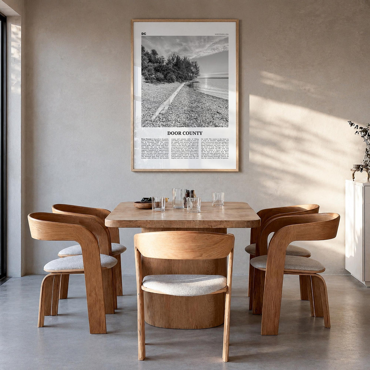 Door County black & white newspaper poster of Wisconsin, USA – vertical wall art in natural wood frame, hanging on wall