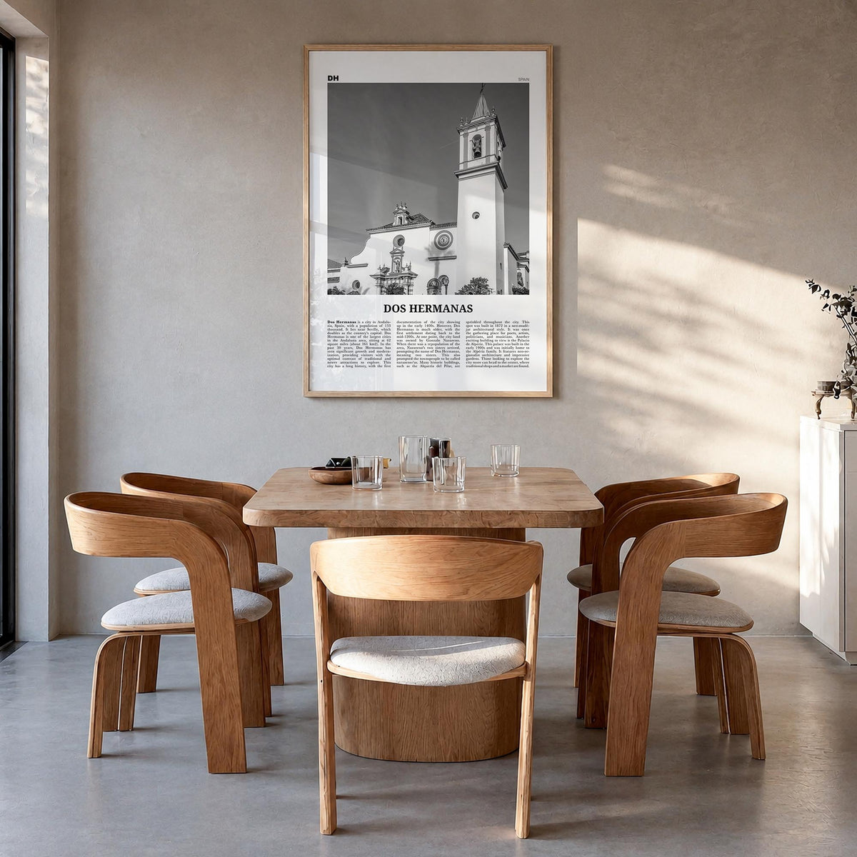 Dos Hermanas black & white newspaper poster of Spain – vertical wall art in natural wood frame, hanging on wall