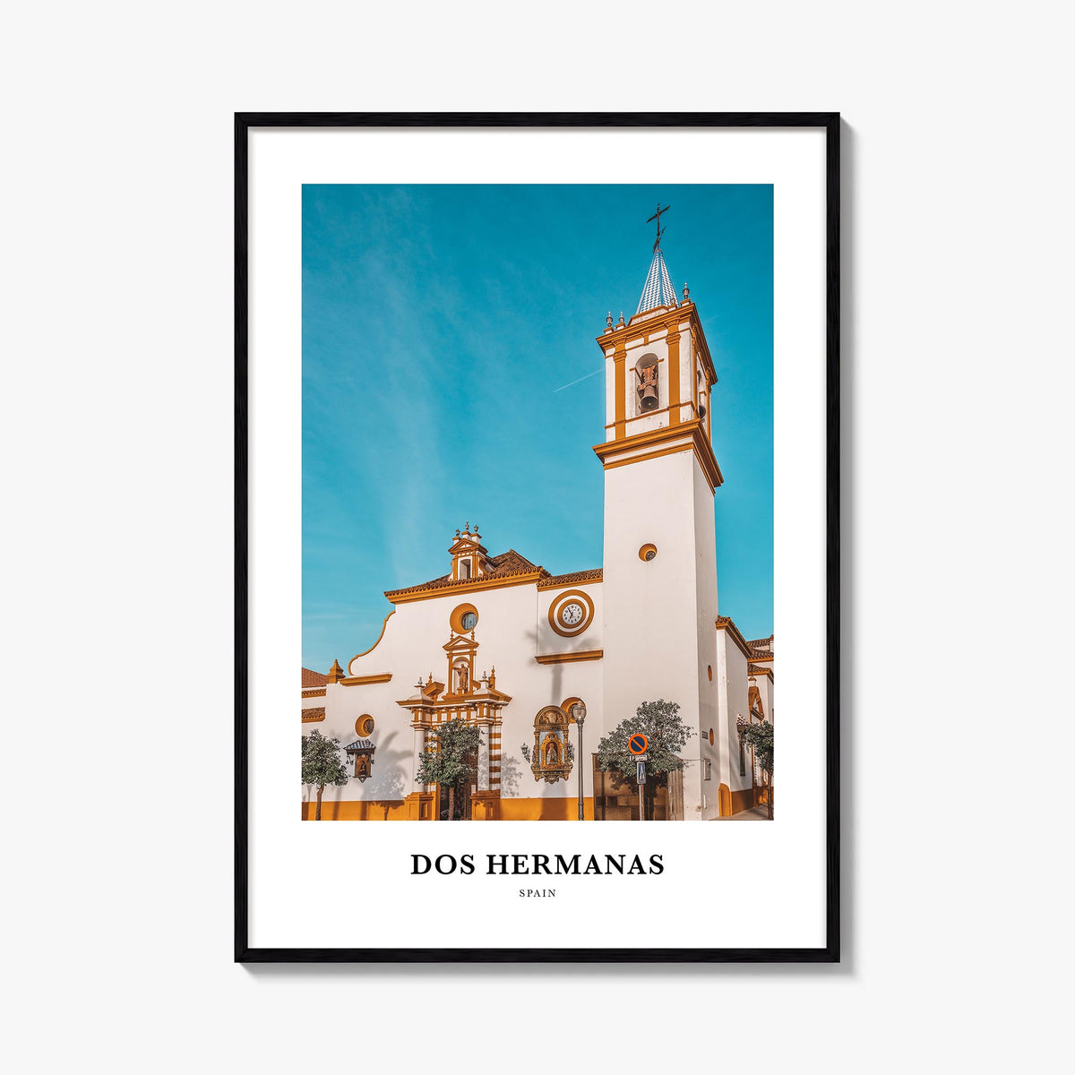 Dos Hermanas colorful classic poster of Spain – vertical wall art, unframed print shown in interior mockup