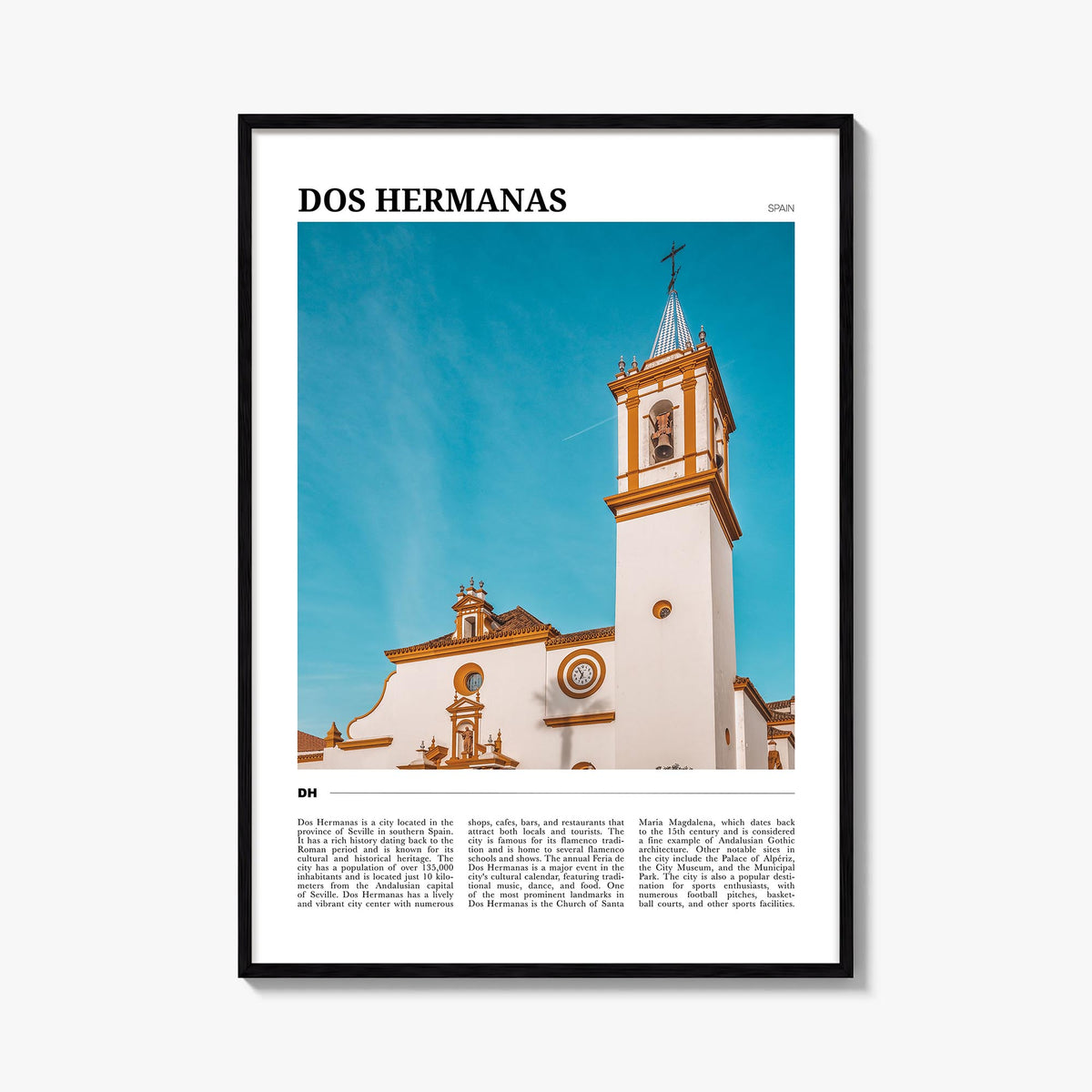 Dos Hermanas colorful travel poster of Spain – vertical wall art, unframed print shown in interior mockup