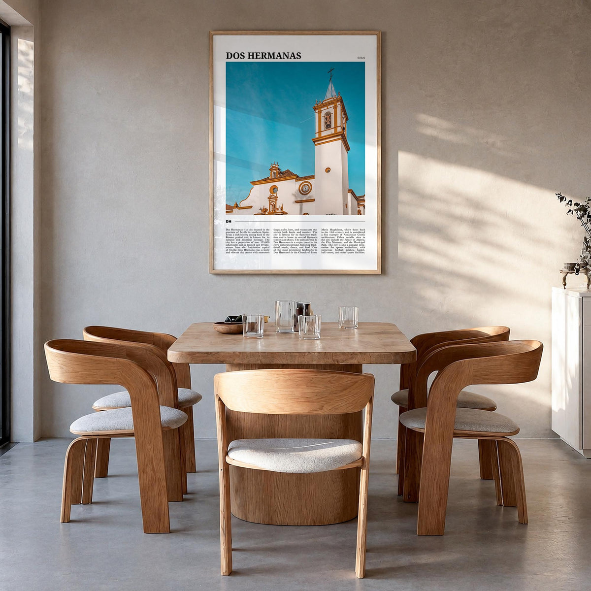 Dos Hermanas colorful travel poster of Spain – vertical wall art in natural wood frame, hanging on wall