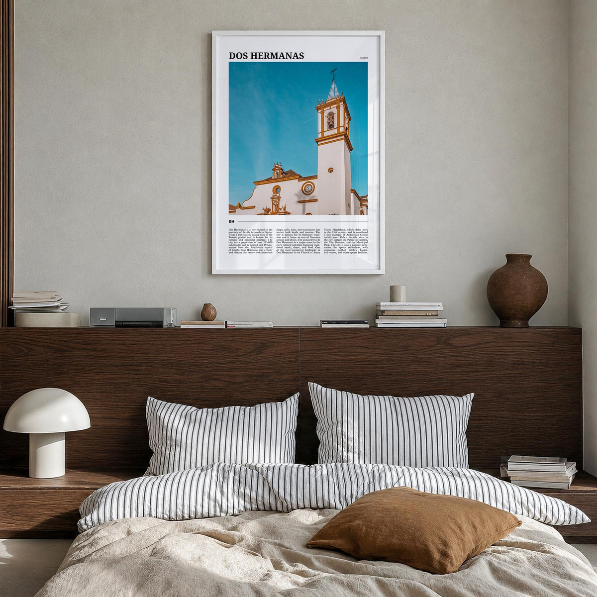 Dos Hermanas colorful travel poster of Spain – vertical wall art in white wood frame, hanging on wall