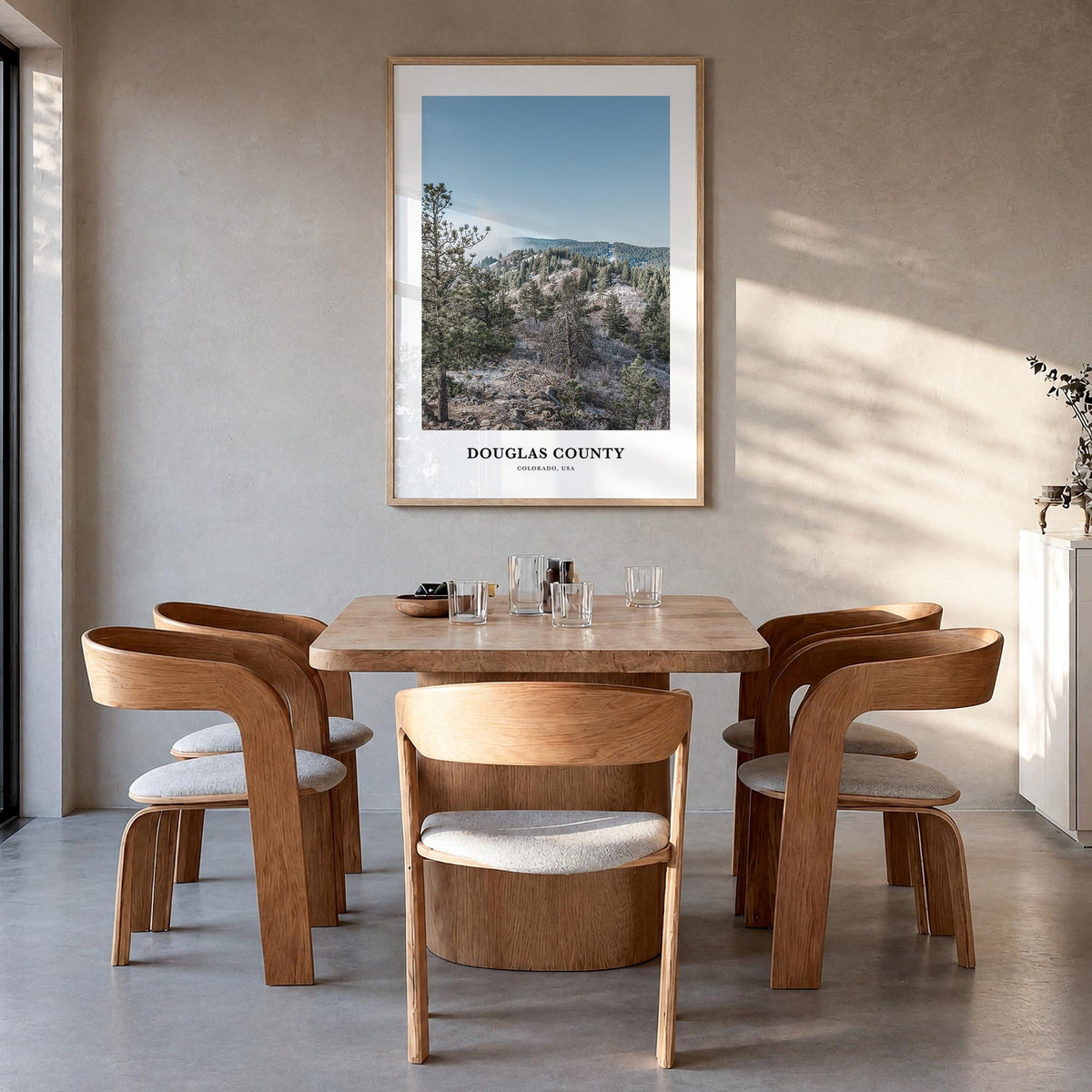 Douglas County colorful classic poster of Colorado, USA – vertical wall art in natural wood frame, hanging on wall