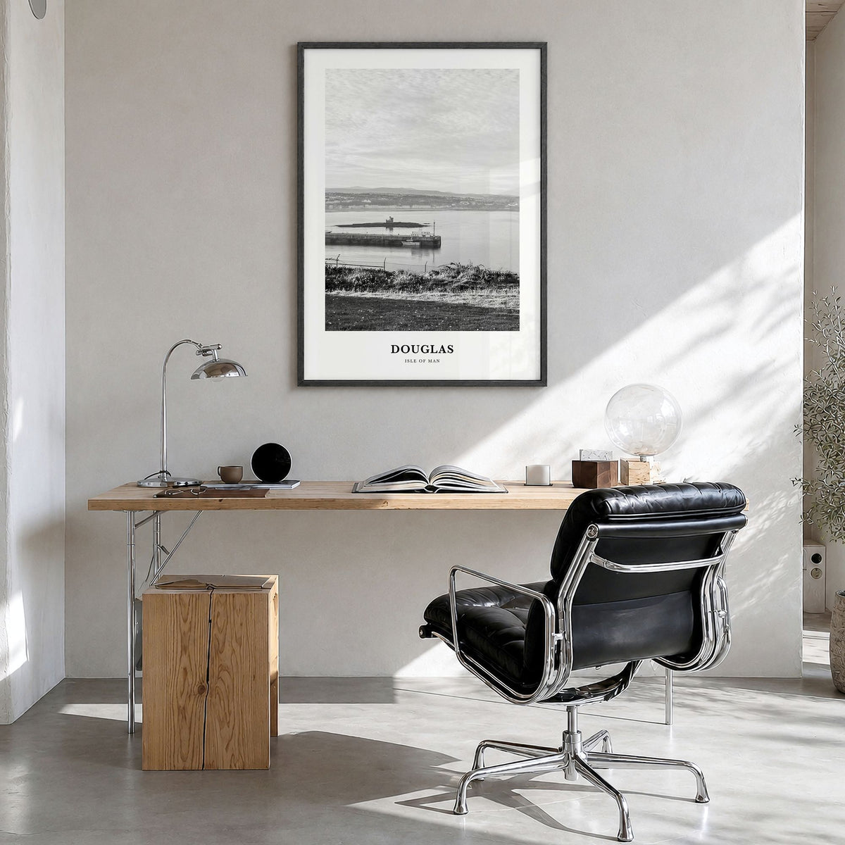 Douglas, Cork Classic Poster in a black wood frame, hanging in a bright home office