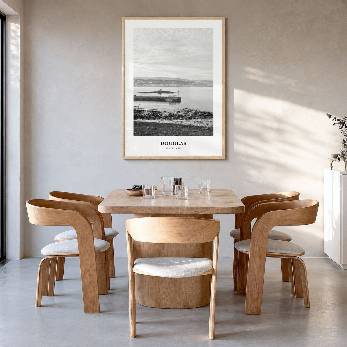 Douglas, Cork Classic Poster in a natural wood frame, hanging in a dining room