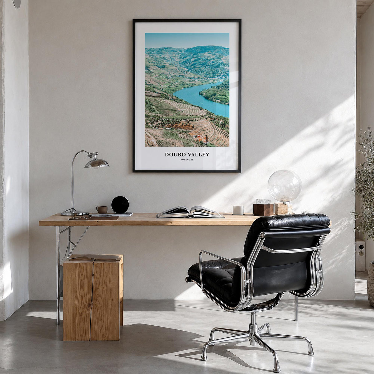 Douro Valley colorful classic poster of Portugal – vertical wall art in black wood frame, hanging on wall