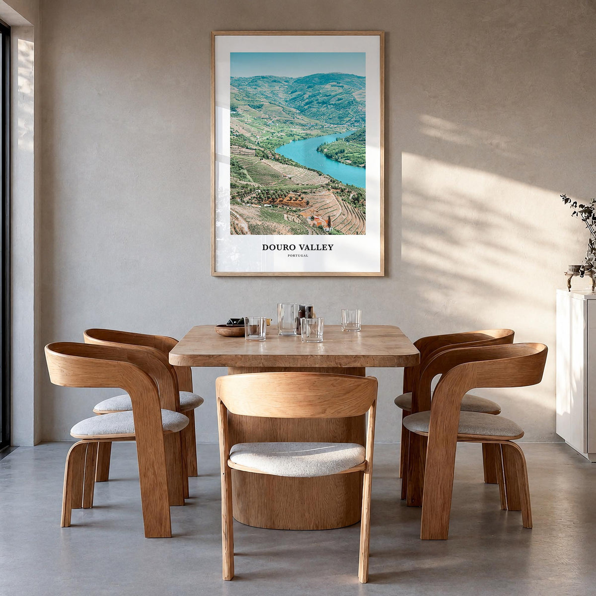 Douro Valley colorful classic poster of Portugal – vertical wall art in natural wood frame, hanging on wall