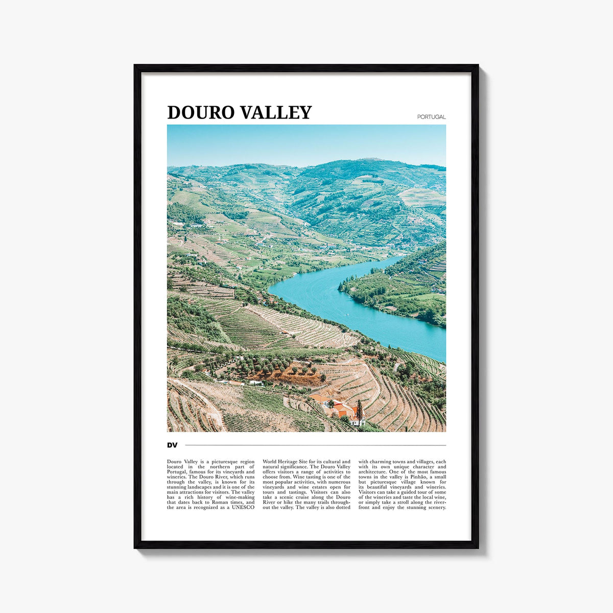 Douro Valley colorful travel poster of Portugal – vertical wall art, unframed print shown in interior mockup