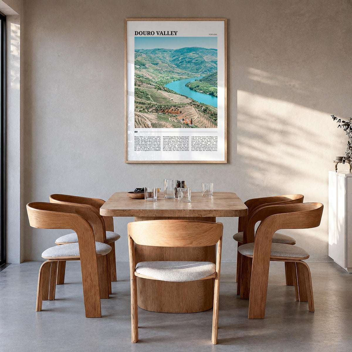Douro Valley colorful travel poster of Portugal – vertical wall art in natural wood frame, hanging on wall