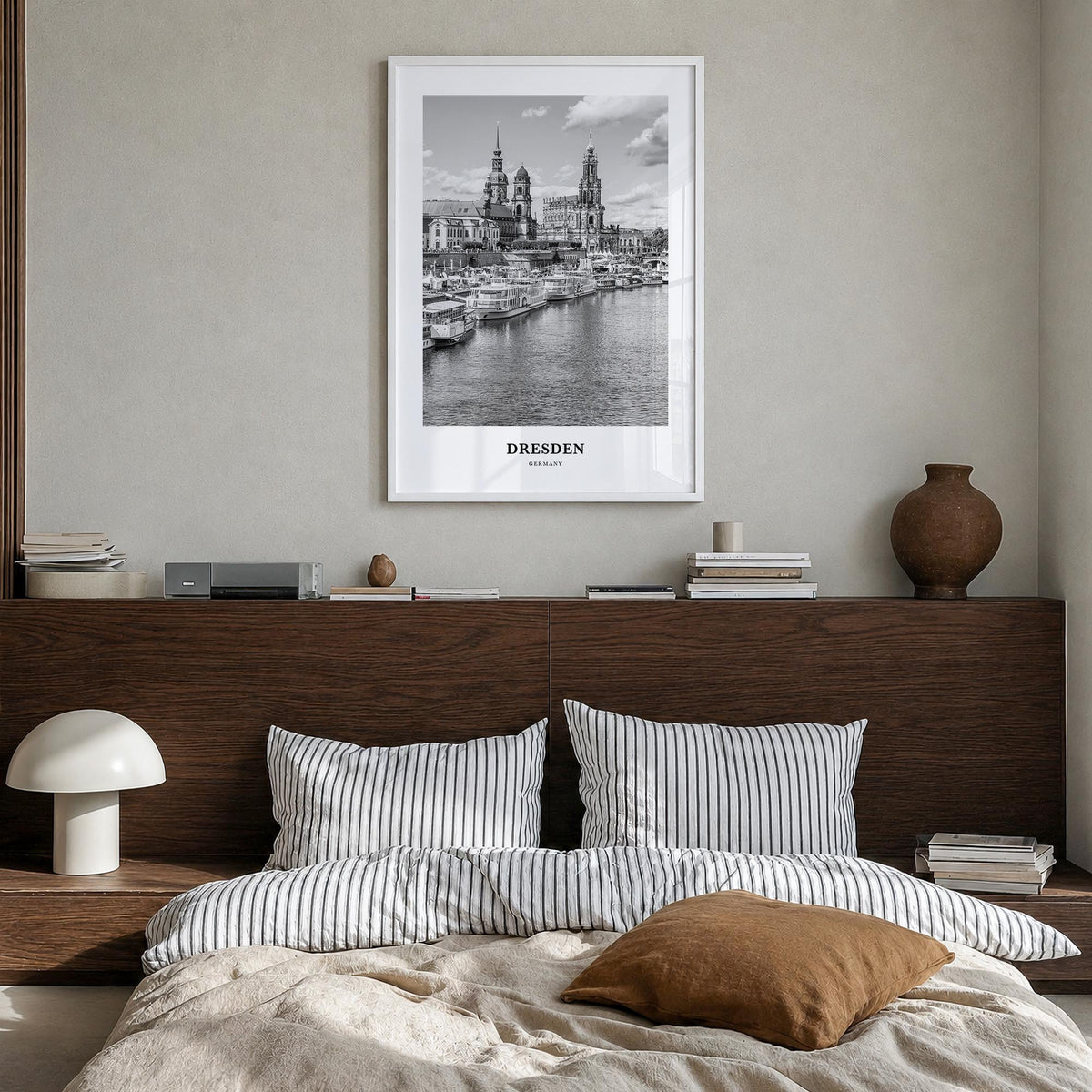Dresden black & white classic poster of Germany – vertical wall art in white wood frame, hanging on wall