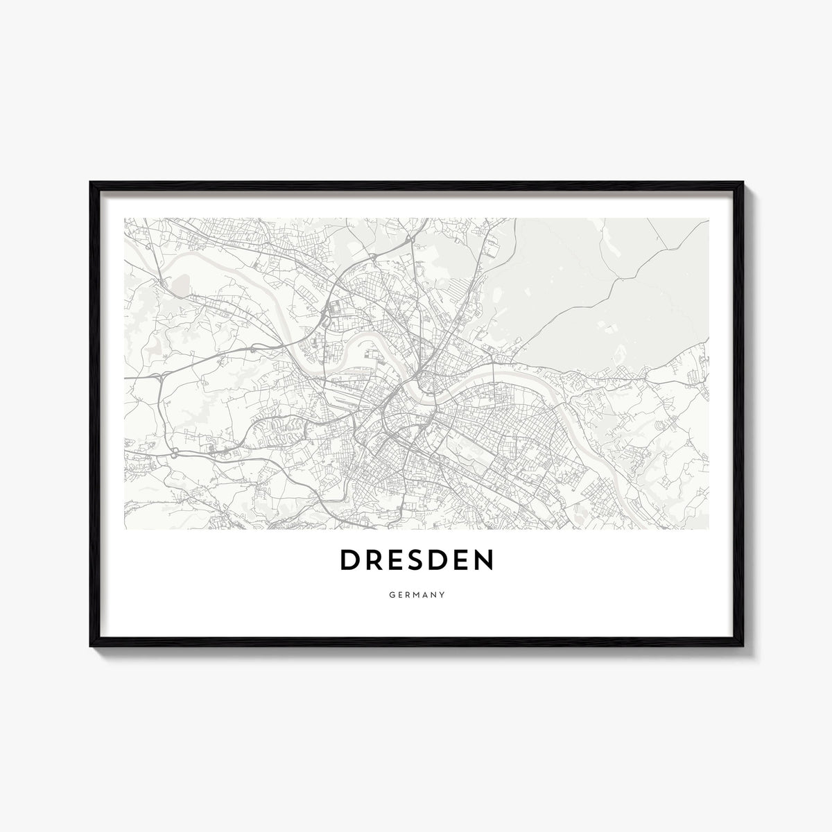 Dresden black & white map poster of Germany – horizontal wall art, unframed print shown in interior mockup