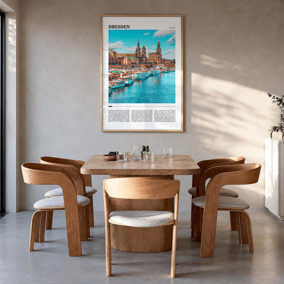 Dresden colorful travel poster of Germany – vertical wall art in natural wood frame, hanging on wall