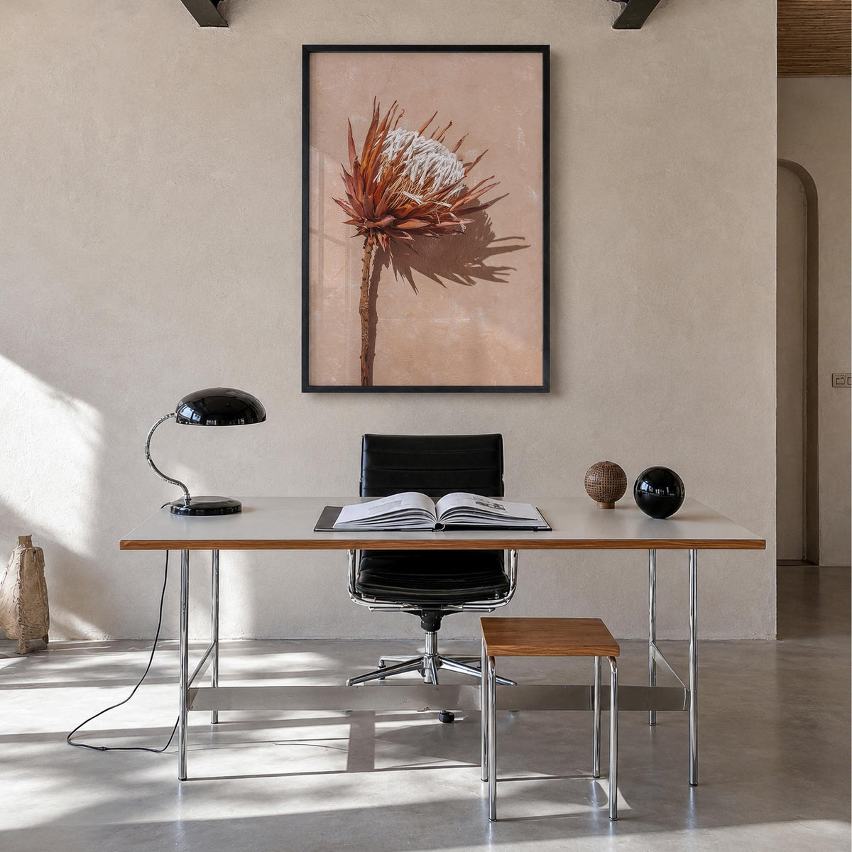 Dried Exotic Flower colorful photo poster – vertical wall art in black wood frame, hanging on wall